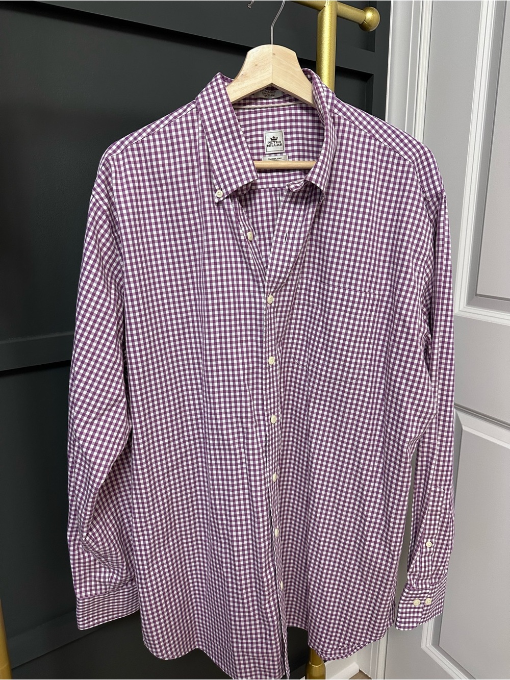 Peter Millar Men’s Purple and White Gingham Button-Down Dress Shirt Size XL